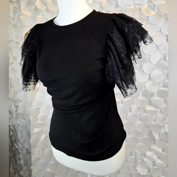 BLACK MESH RUFFLE SLEEVE KNIT TOP - Picture 2 of 4